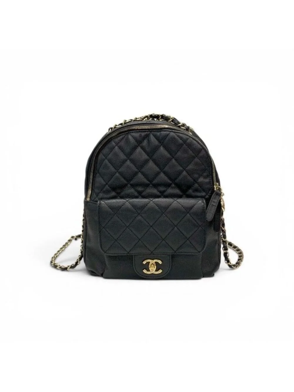 chanel black quilted caviar leather backpack bag Business Affinity 1912208 FASHIONPHILE Front fold Chanel Black Quilted Caviar Small